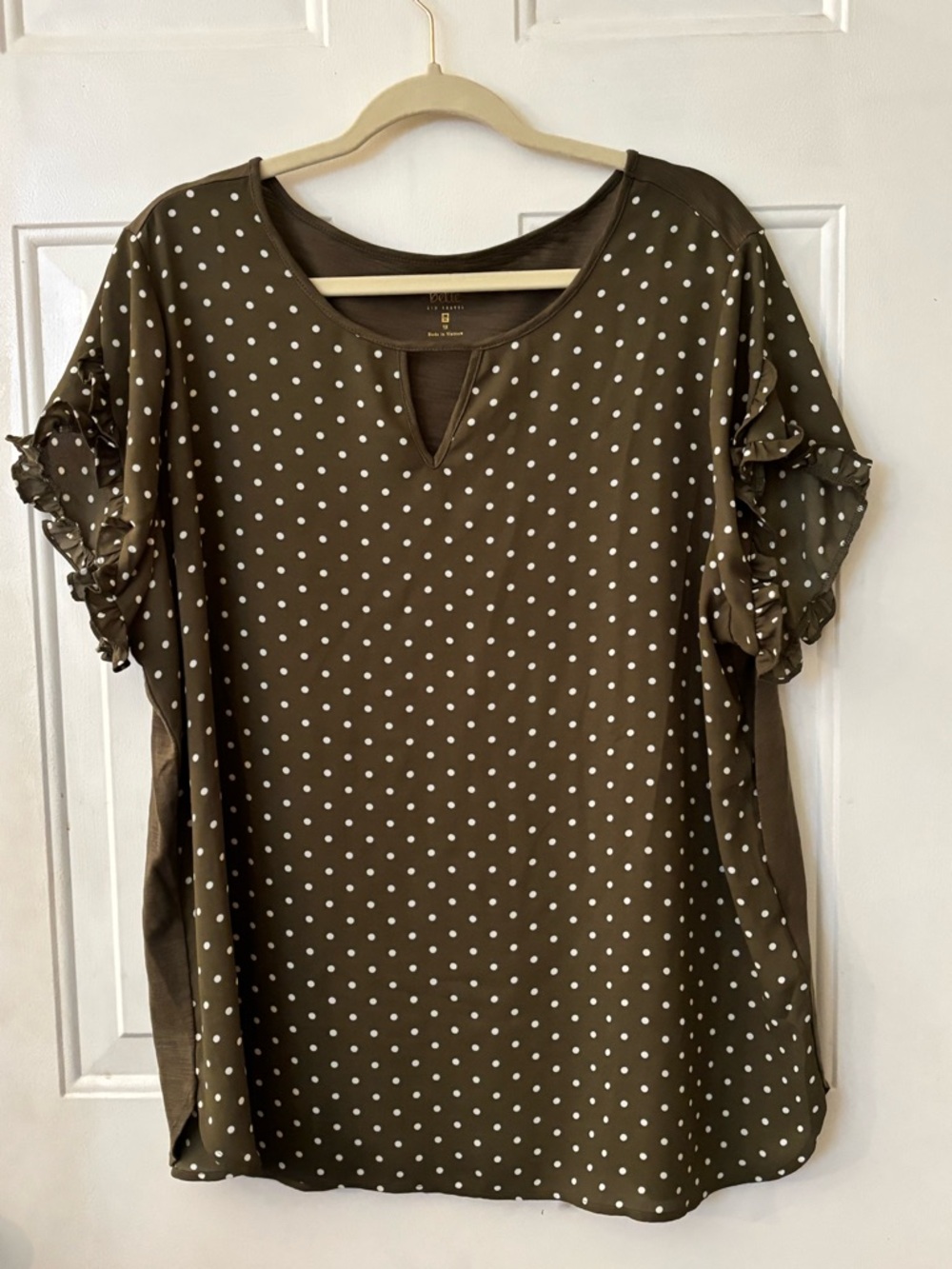 Belle by Kim Gravel Olive Polka Dot Ruffle Sleeve Blouse